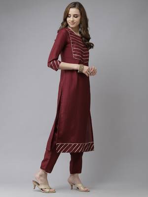 Indo Era Wine With Yoke Straight Kurta With Palazzo And Dupatta 3