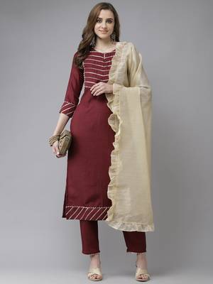 Indo Era Wine With Yoke Straight Kurta With Palazzo And Dupatta 4