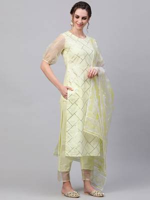 Indo Era Yellow Embroidered Straight Kurta Trouser With Duppatta Set 1