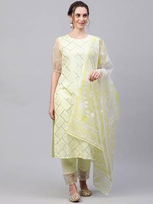 Indo Era Yellow Embroidered Straight Kurta Trouser With Duppatta Set 3