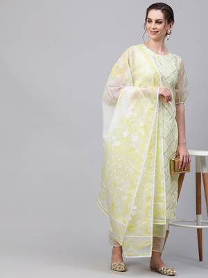 Indo Era Yellow Embroidered Straight Kurta Trouser With Duppatta Set 4