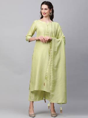 Indo Era Green Solid Straight Kurta Palazzo With Dupatta Set 1