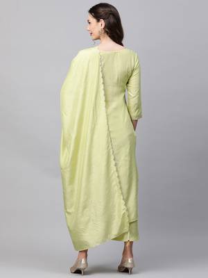 Indo Era Green Solid Straight Kurta Palazzo With Dupatta Set 2