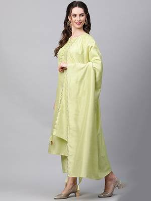 Indo Era Green Solid Straight Kurta Palazzo With Dupatta Set 3