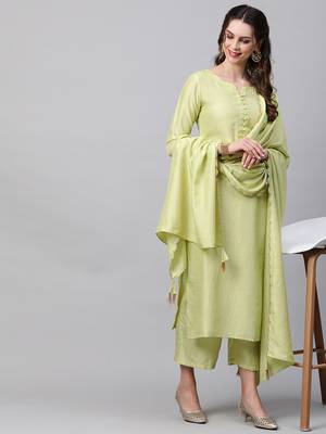 Indo Era Green Solid Straight Kurta Palazzo With Dupatta Set 4