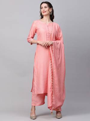 Indo Era Pink Solid Straight Kurta Palazzo With Dupatta Set 1