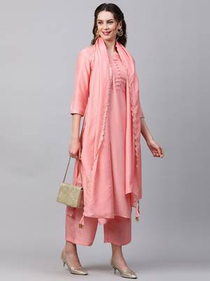 Indo Era Pink Solid Straight Kurta Palazzo With Dupatta Set 4
