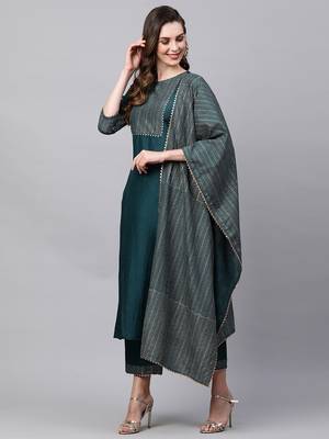 Indo Era Teal Solid Straight Kurta Trouser With Dupatta Sets 1