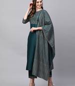 Indo Era Teal Solid Straight Kurta Trouser With Dupatta Sets