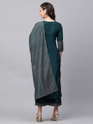 Indo Era Teal Solid Straight Kurta Trouser With Dupatta Sets 2