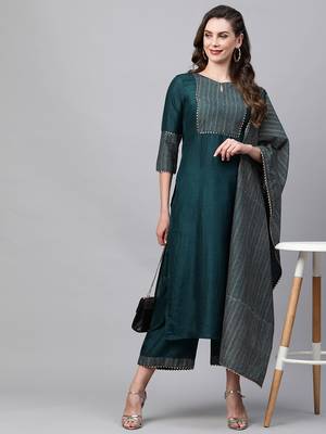 Indo Era Teal Solid Straight Kurta Trouser With Dupatta Sets 3