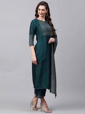 Indo Era Teal Solid Straight Kurta Trouser With Dupatta Sets 4