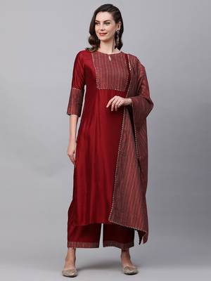 Indo Era Red Solid Straight Kurta Trouser With Dupatta Sets 1