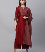Indo Era Red Solid Straight Kurta Trouser With Dupatta Sets