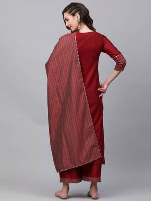 Indo Era Red Solid Straight Kurta Trouser With Dupatta Sets 2