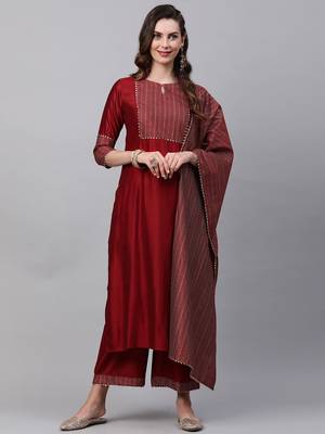 Indo Era Red Solid Straight Kurta Trouser With Dupatta Sets 4