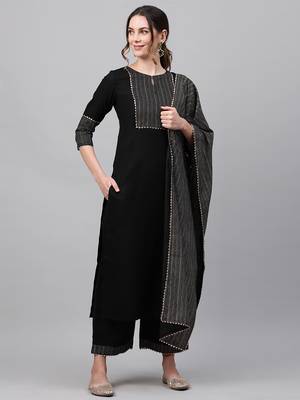 Indo Era Black  Solid Straight Kurta Trouser With Dupatta Sets 1