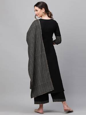 Indo Era Black  Solid Straight Kurta Trouser With Dupatta Sets 2