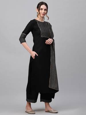Indo Era Black  Solid Straight Kurta Trouser With Dupatta Sets 3