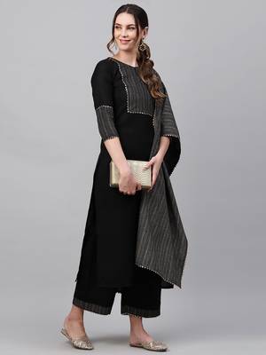 Indo Era Black  Solid Straight Kurta Trouser With Dupatta Sets 4