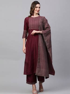 Indo Era Wine Solid Straight Kurta Trouser With Dupatta Sets 1