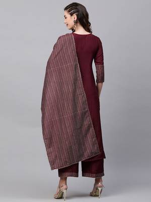 Indo Era Wine Solid Straight Kurta Trouser With Dupatta Sets 2