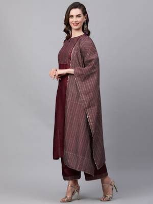Indo Era Wine Solid Straight Kurta Trouser With Dupatta Sets 3