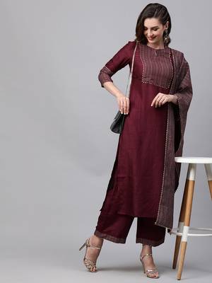 Indo Era Wine Solid Straight Kurta Trouser With Dupatta Sets 4