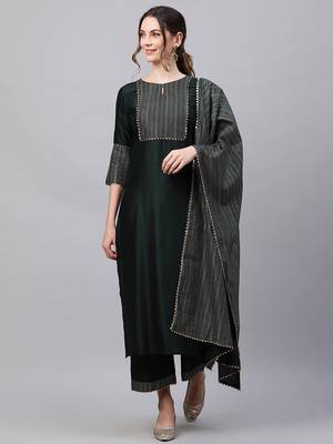 Indo Era Green Solid Straight Kurta Trouser With Dupatta Sets 1