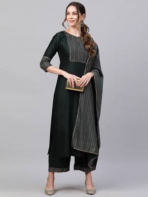 Indo Era Green Solid Straight Kurta Trouser With Dupatta Sets 4