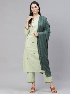 Indo Era Green Solid Embroiderd Straight Kurta With Palazzo And Dupatta Set 1