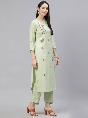 Indo Era Green Solid Embroiderd Straight Kurta With Palazzo And Dupatta Set 3