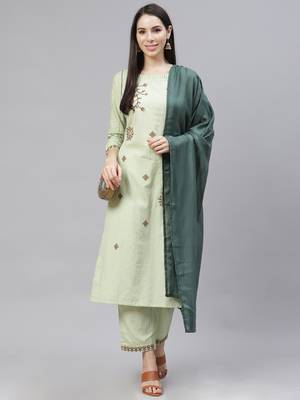 Indo Era Green Solid Embroiderd Straight Kurta With Palazzo And Dupatta Set 4