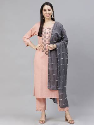 Indo Era Pink Solid Embroiderd Straight Kurta With Palazzo And Dupatta Set 1