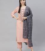 Indo Era Pink Solid Embroiderd Straight Kurta With Palazzo And Dupatta Set