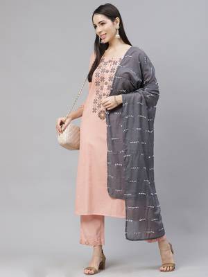 Indo Era Pink Solid Embroiderd Straight Kurta With Palazzo And Dupatta Set 4