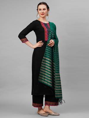 Indo Era Black Yoke Solid Straight Kurta Palazzo With Dupatta Set 3