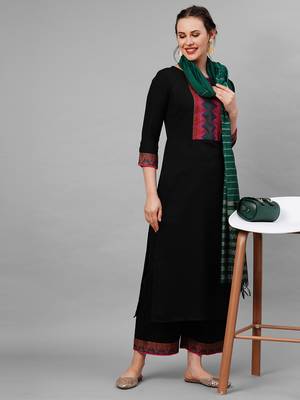 Indo Era Black Yoke Solid Straight Kurta Palazzo With Dupatta Set 5