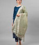 Indo Era Blue Embroidred Straight Kurta Trouser With Dupatta Set