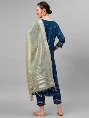 Indo Era Blue Embroidred Straight Kurta Trouser With Dupatta Set 2