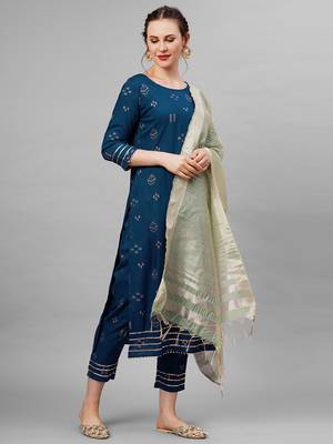 Indo Era Blue Embroidred Straight Kurta Trouser With Dupatta Set 3