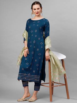 Indo Era Blue Embroidred Straight Kurta Trouser With Dupatta Set 5