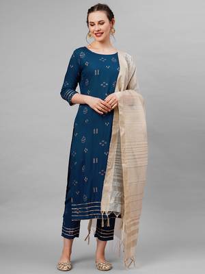 Indo Era Blue Embroidred Straight Kurta Trouser With Dupatta Set 1