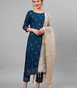 Indo Era Blue Embroidred Straight Kurta Trouser With Dupatta Set