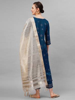 Indo Era Blue Embroidred Straight Kurta Trouser With Dupatta Set 2
