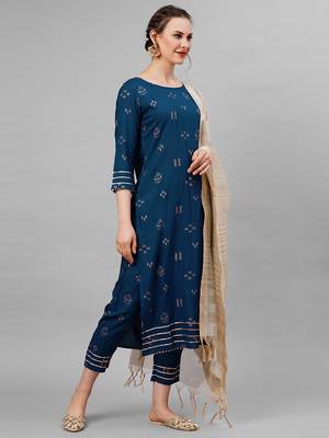 Indo Era Blue Embroidred Straight Kurta Trouser With Dupatta Set 3