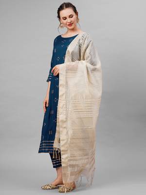 Indo Era Blue Embroidred Straight Kurta Trouser With Dupatta Set 4