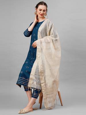 Indo Era Blue Embroidred Straight Kurta Trouser With Dupatta Set 5