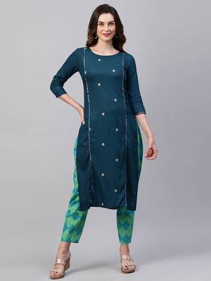 Indo Era Teal Embroidred Straight Kurta With Printed Trouser Set 1