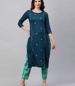 Indo Era Teal Embroidred Straight Kurta With Printed Trouser Set